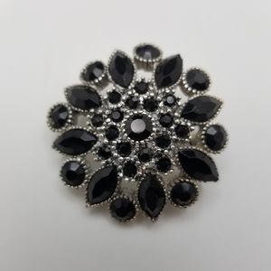 Black Rhinestone silver tone brooch